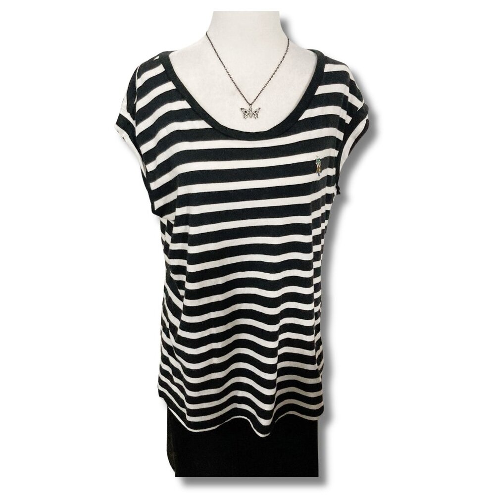 U.S. POLO ASSN. Black white horizontal striped scoop neck t-shirt ~ LARGE XL tee